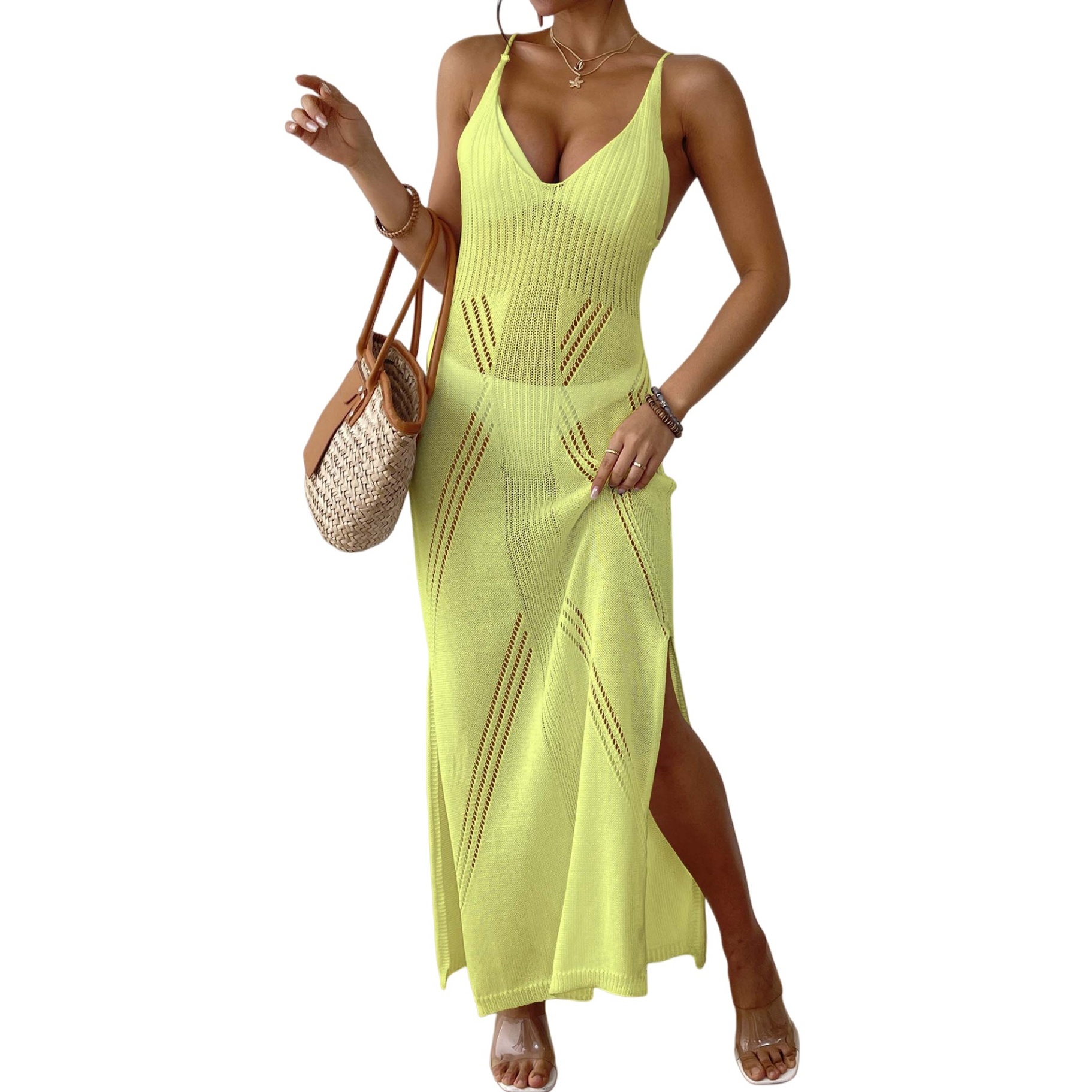 Beach Knit Split Maxi Dress Sleeveless V-Neck Crochet Beach Cover Up